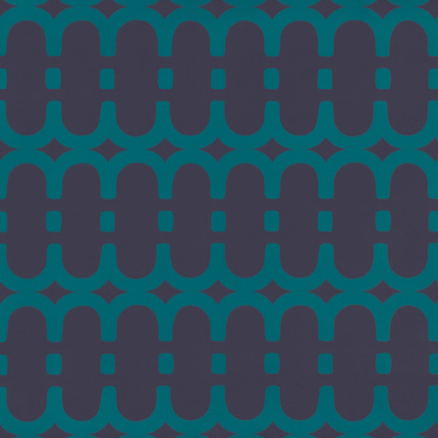 Deep teal wallcovering with repeating charcoal loop motifs and small diamond accents