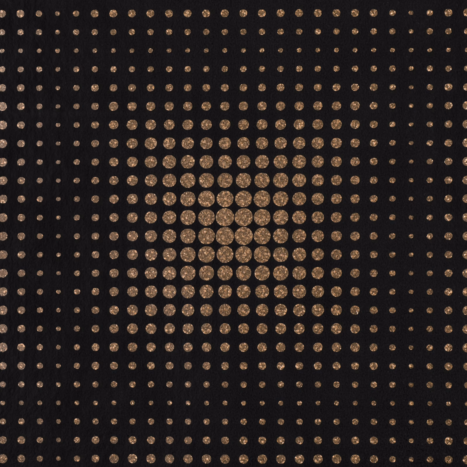 Black wallpaper with bronze dotted circles forming a large radiating central motif