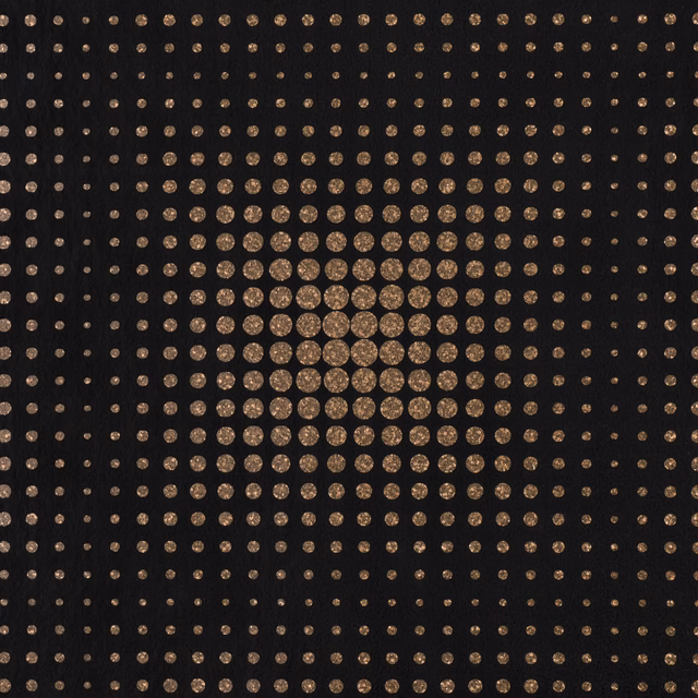 Black wallpaper with bronze dotted circles forming a large radiating central motif