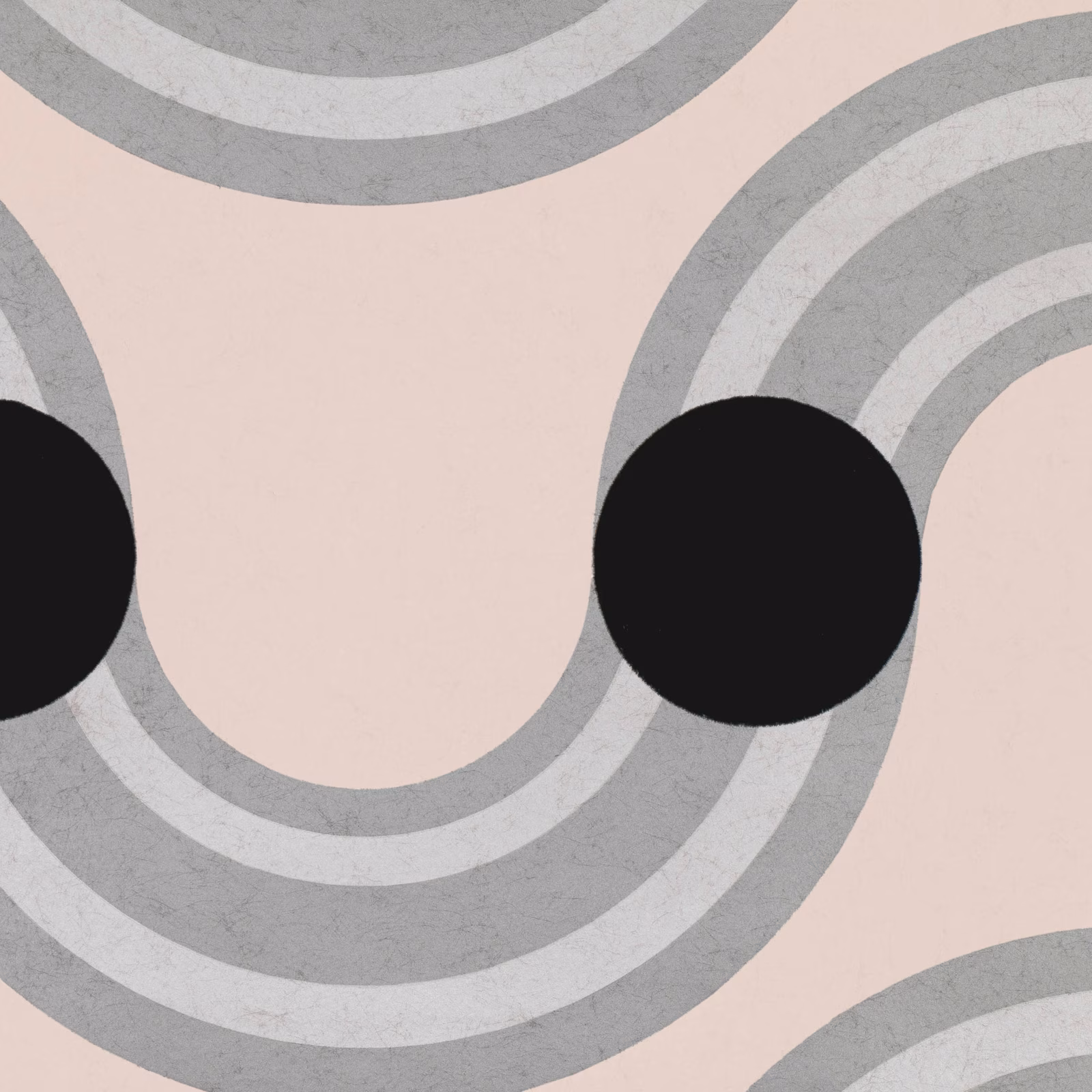 Pale blush wallpaper with broad grey wave arcs and bold black circles