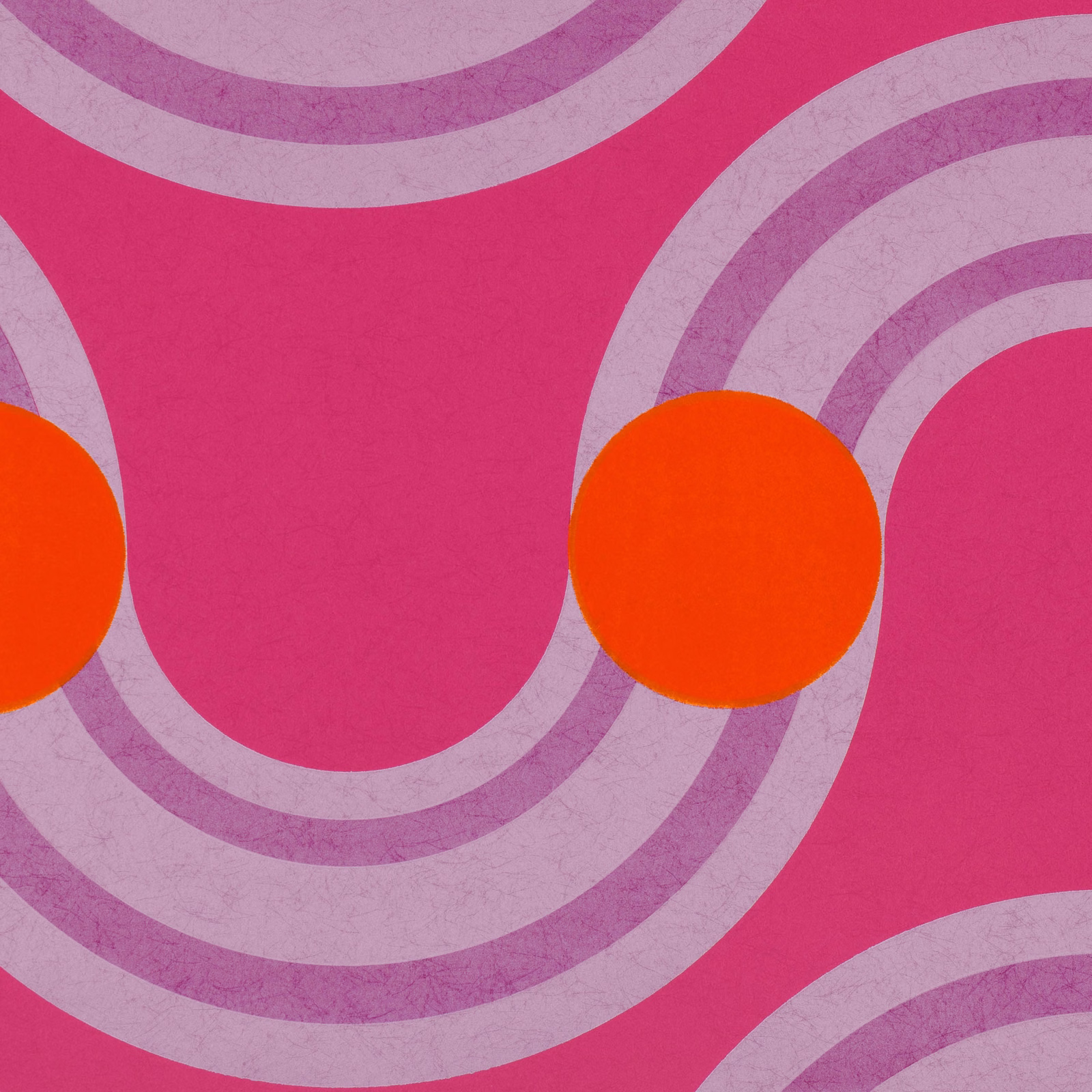 Raspberry wallpaper with lilac concentric waves and vivid orange circular accents