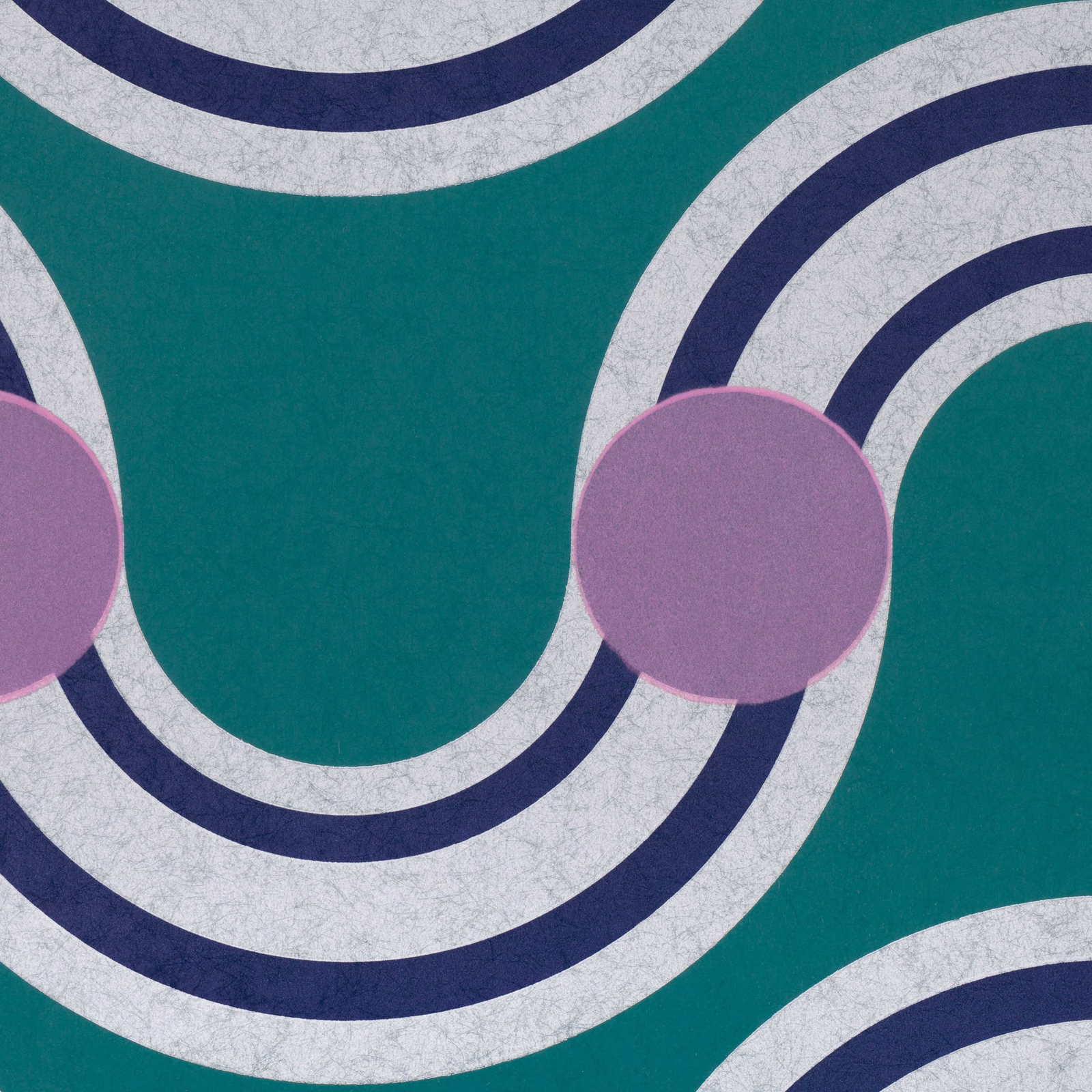 Deep teal wallpaper with mottled white and navy rings and lilac circles