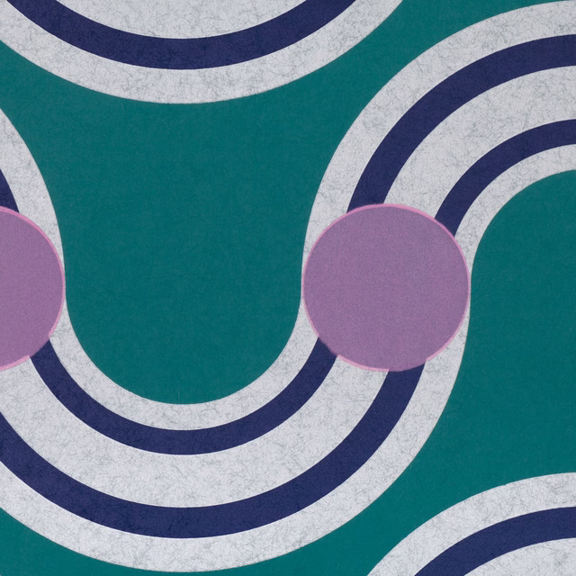 Deep teal wallpaper with mottled white and navy rings and lilac circles