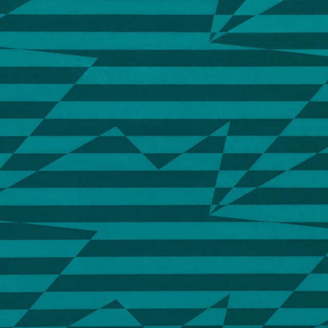 Deep teal wallpaper with turquoise angular bird forms and broken horizontal stripes