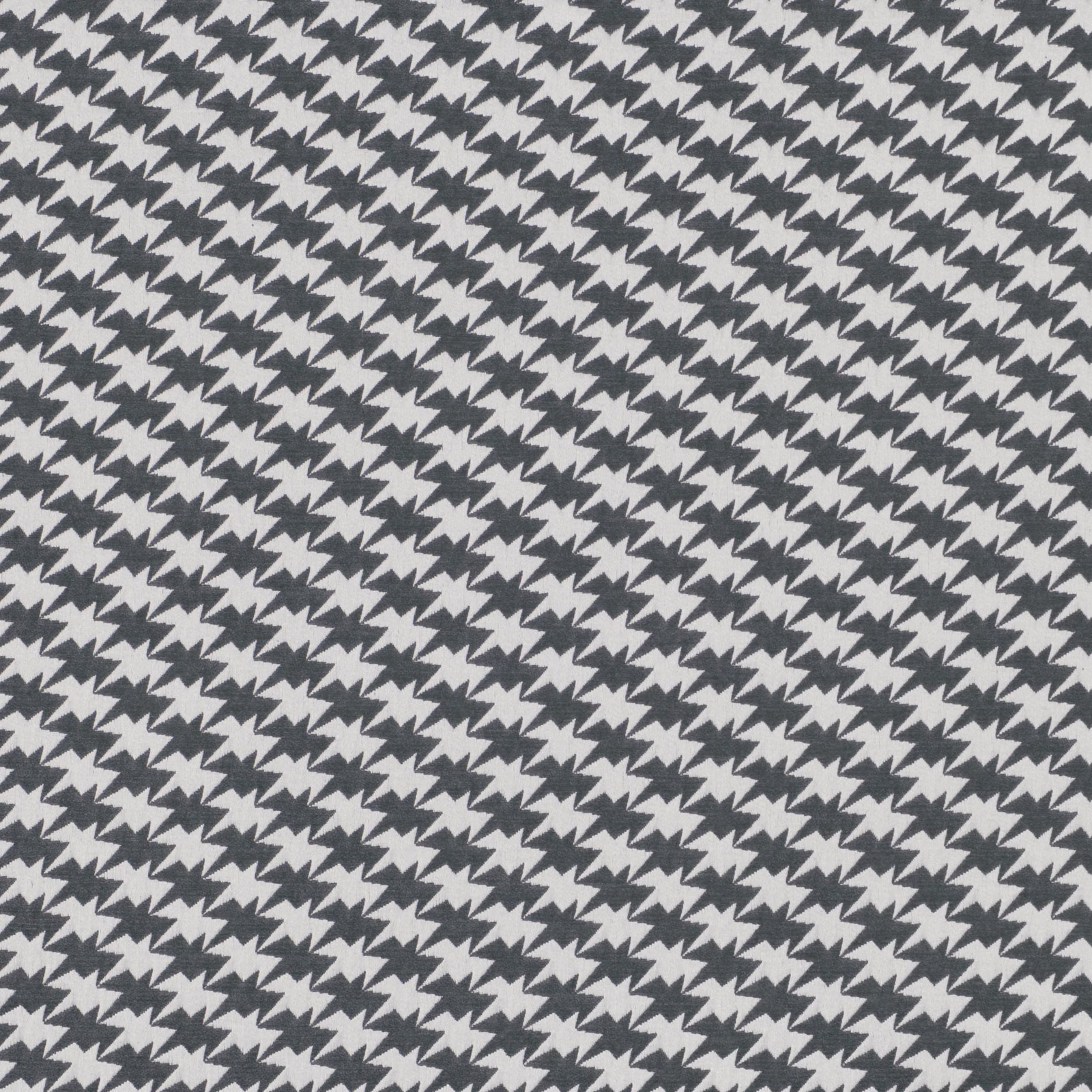 Cool aluminium grey fabric with dense charcoal zig-zag bird motifs in a woven texture
