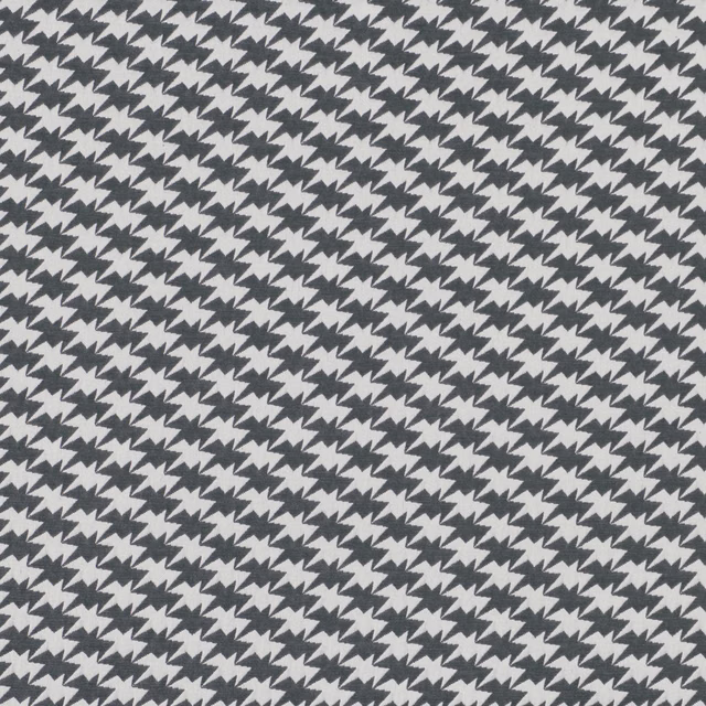 Cool aluminium grey fabric with dense charcoal zig-zag bird motifs in a woven texture
