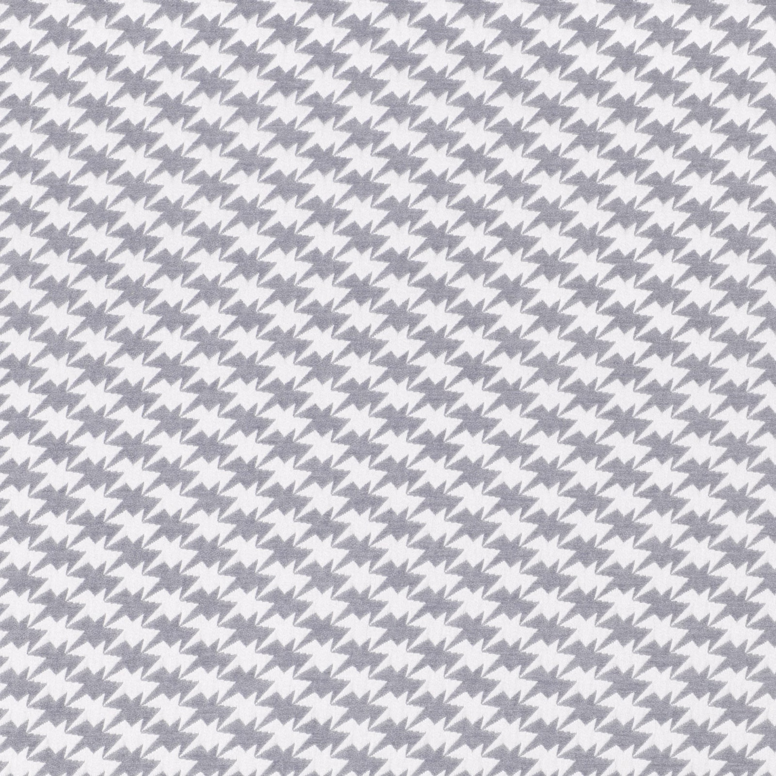 Cool grey and white fabric with small angular bird motifs in diagonal rows