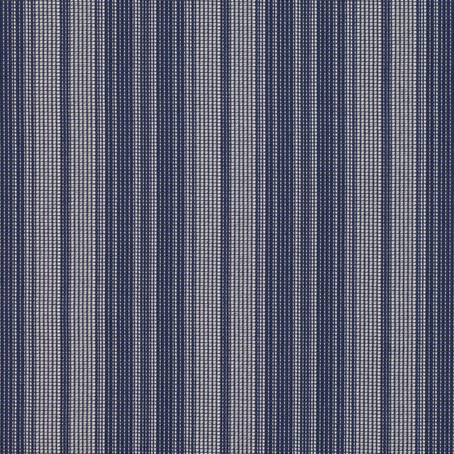 Close-up of deep navy woven upholstery with fine pale blue-grey vertical stripes