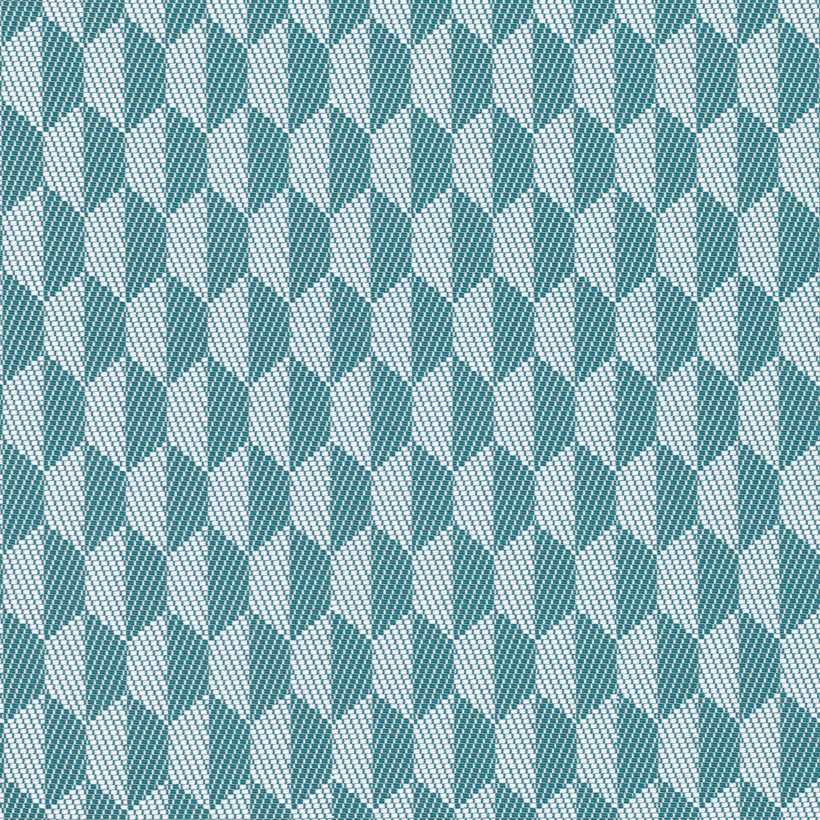 Cool azure teal and cream interlocking geometric fabric with fine diagonal surface detail