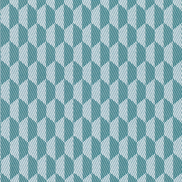 Cool azure teal and cream interlocking geometric fabric with fine diagonal surface detail