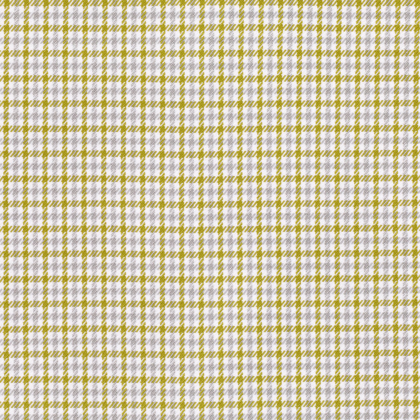 Muted peridot green, white and grey small-check woven fabric with softly textured yarns