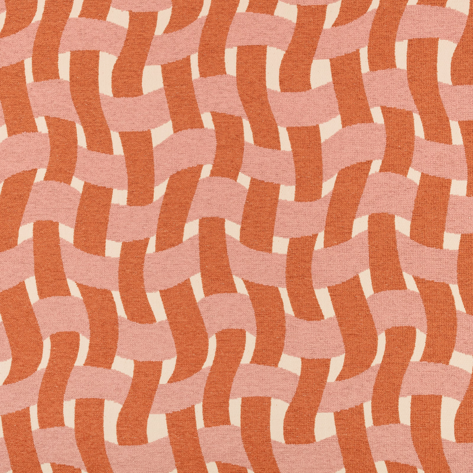 Peach pink and coral-orange woven bands interlock across a cream ground
