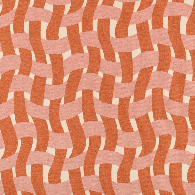 Peach pink and coral-orange woven bands interlock across a cream ground