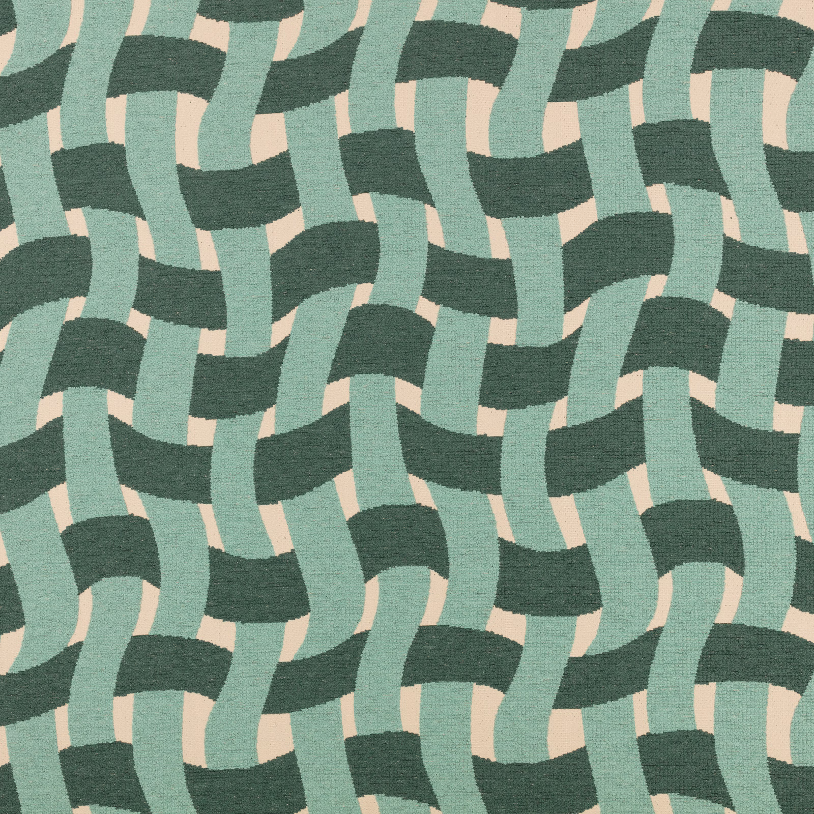 Woven outdoor fabric with mint and deep teal interlocking bands on a pale ground