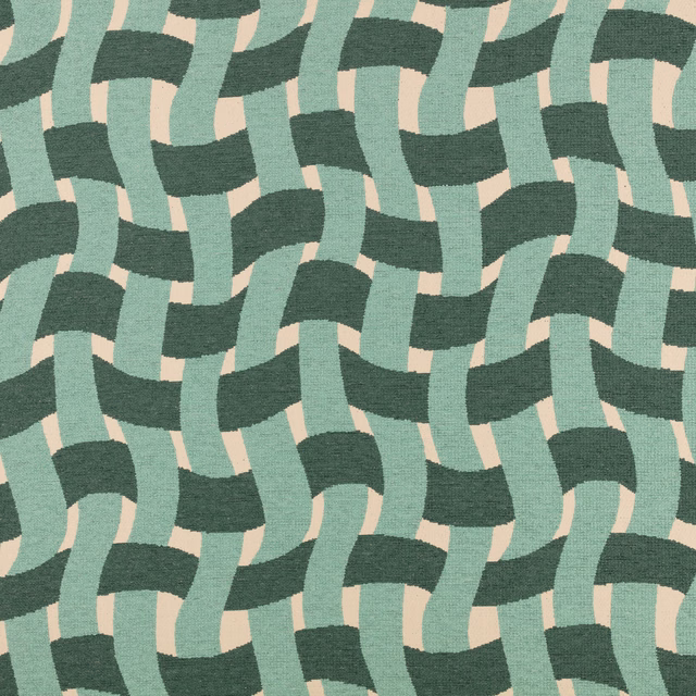 Woven outdoor fabric with mint and deep teal interlocking bands on a pale ground