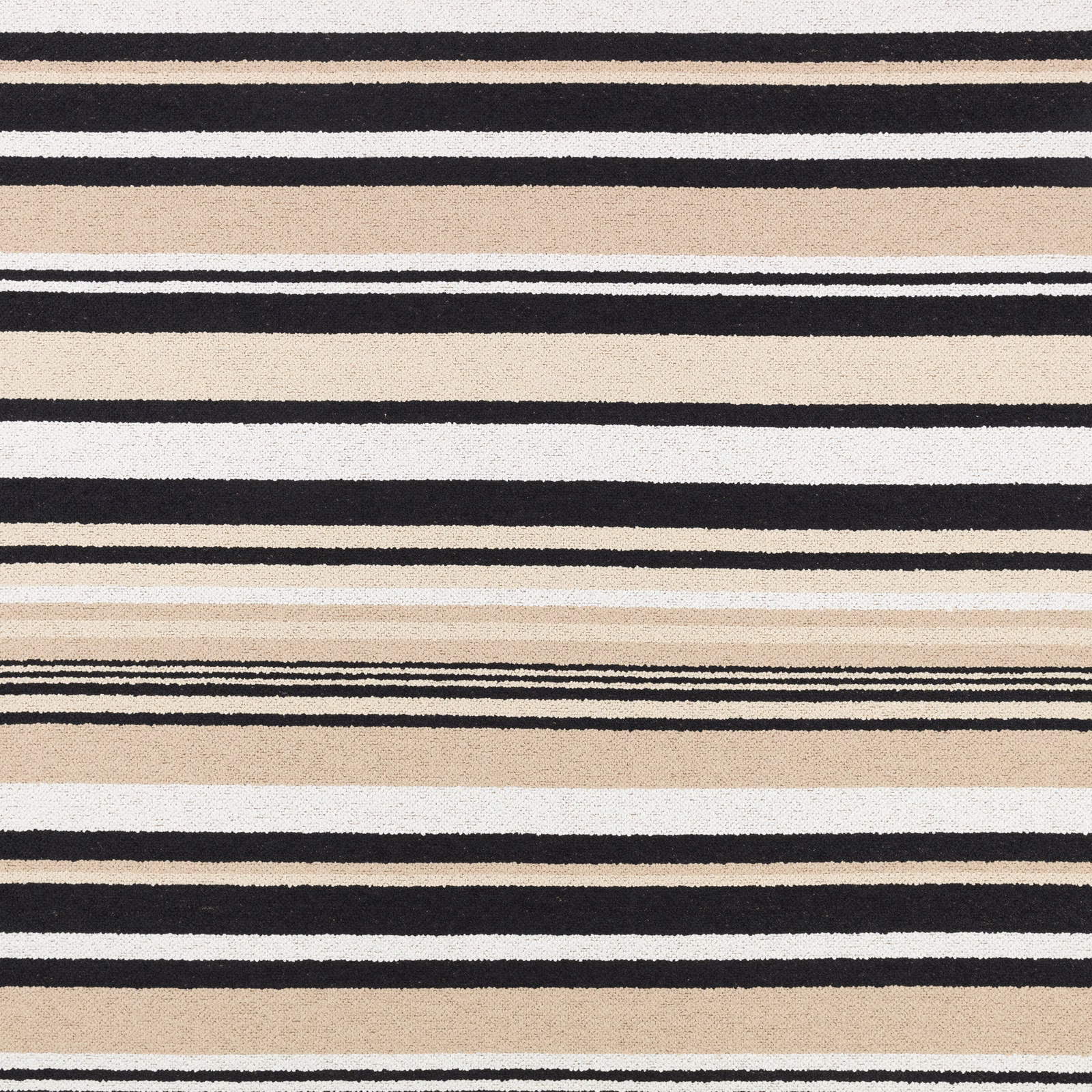 Irregular black, cream and beige horizontal stripes in a tactile woven outdoor textile