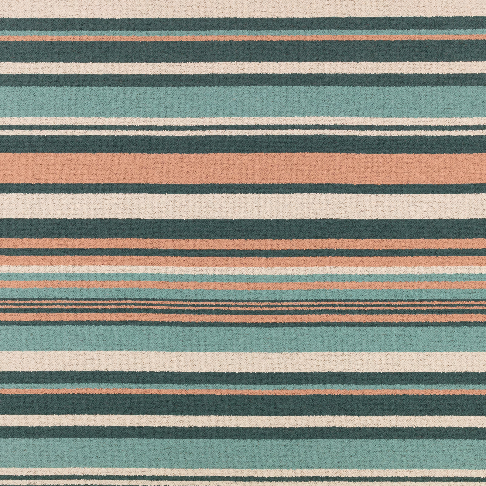 Irregular teal, coral and cream horizontal stripes in a close woven texture