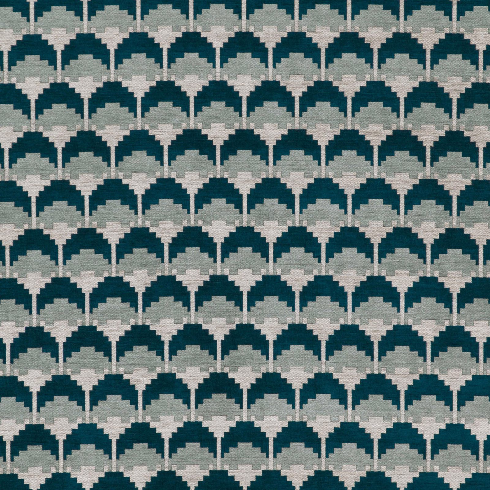 Deep teal and grey woven fabric with repeating stepped arch motifs