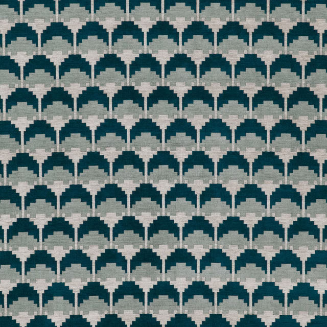 Deep teal and grey woven fabric with repeating stepped arch motifs