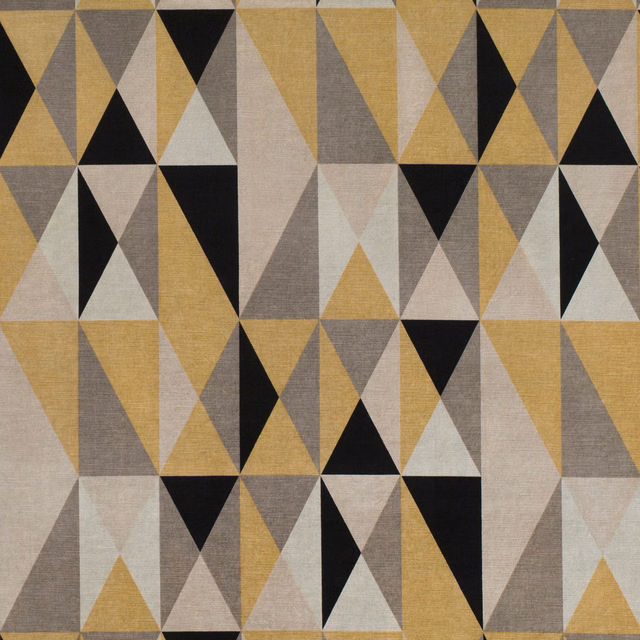 Ochre woven fabric with repeating charcoal, grey and ivory triangular geometric blocks