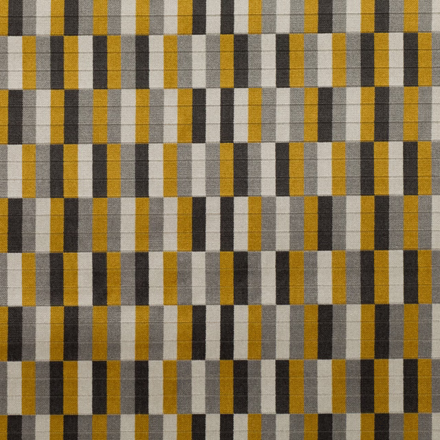 Mustard gold, charcoal, grey and cream woven block-check upholstery fabric