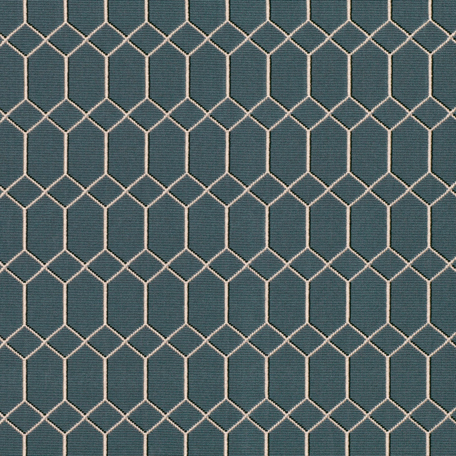 Dark teal woven fabric with cream elongated hexagon lattice and fine rib texture