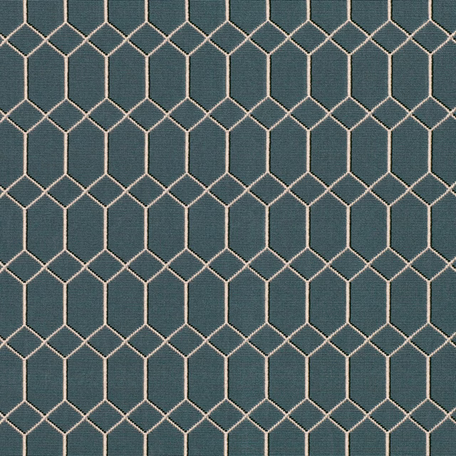 Dark teal woven fabric with cream elongated hexagon lattice and fine rib texture