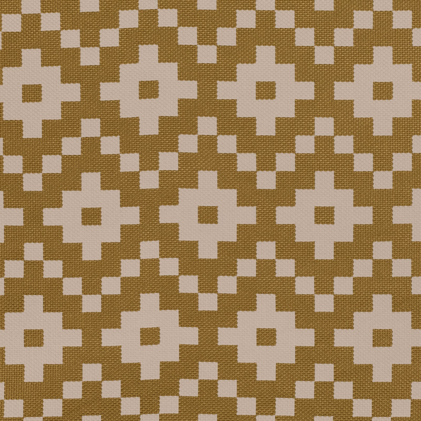 Muted olive-ochre woven fabric with stepped cream rosettes and angular lattice