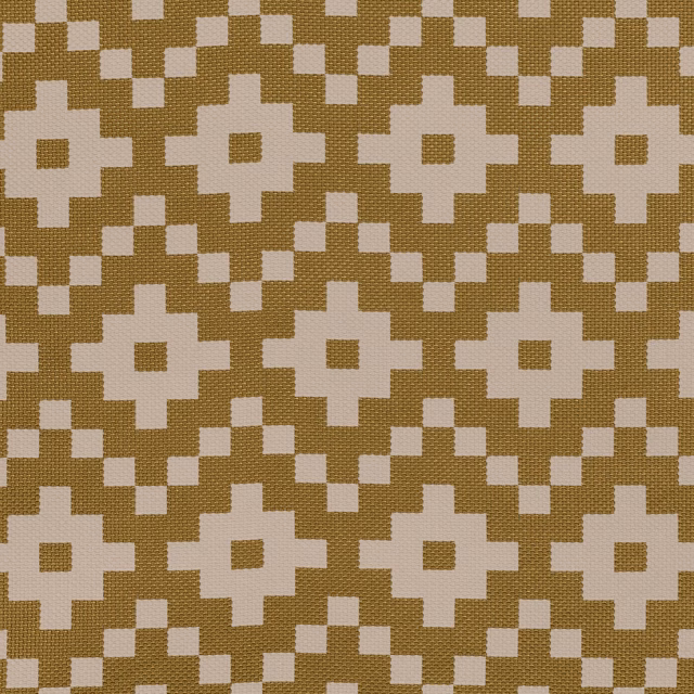 Muted olive-ochre woven fabric with stepped cream rosettes and angular lattice