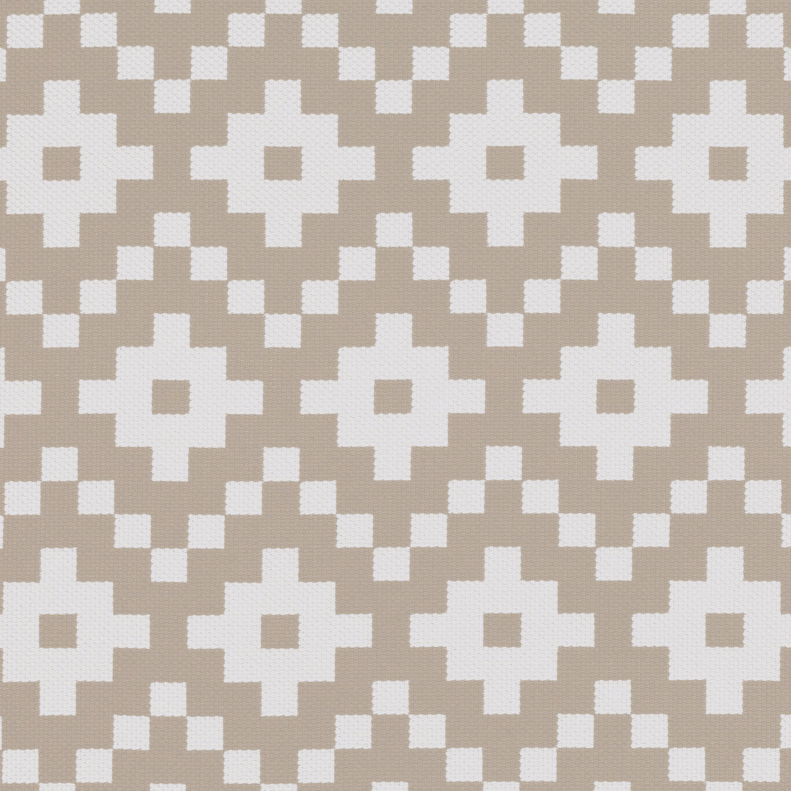 Warm flax-taupe woven ground with ivory stepped tiles and linked square motifs