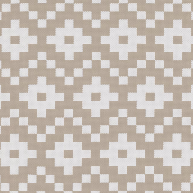 Warm flax-taupe woven ground with ivory stepped tiles and linked square motifs