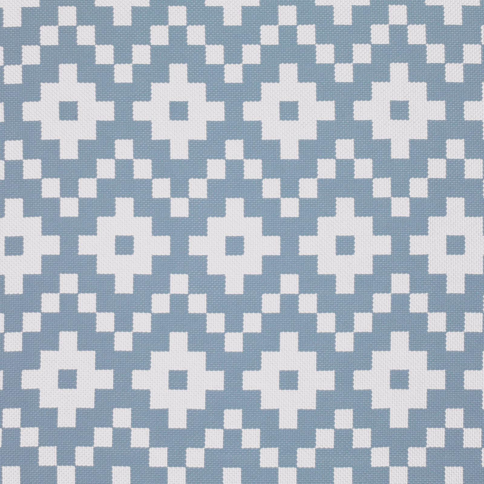 Smoke-blue woven fabric with repeating ivory stepped cross motifs and geometric texture