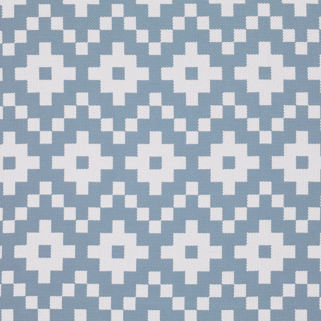 Smoke-blue woven fabric with repeating ivory stepped cross motifs and geometric texture