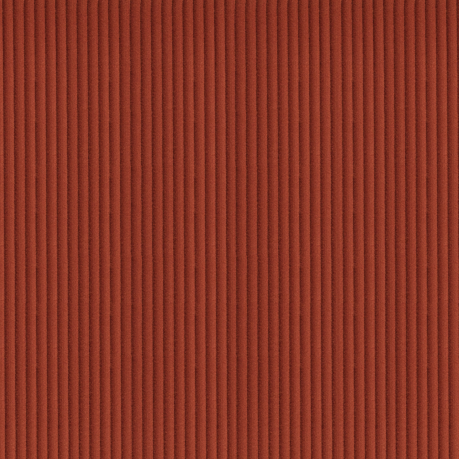 Deep burnt-orange fabric swatch with narrow, raised vertical ribs and dark textured channels