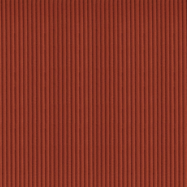 Deep burnt-orange fabric swatch with narrow, raised vertical ribs and dark textured channels