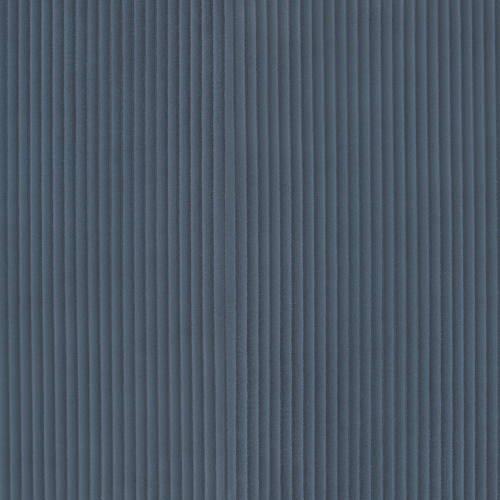 Muted denim-blue upholstery textile with closely spaced vertical ribs and soft tonal shading