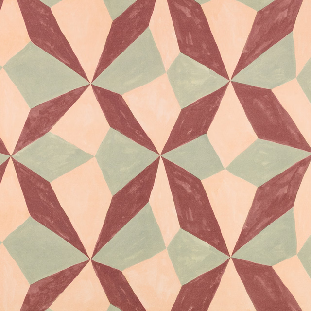 Muted sage, blush peach and wine-red geometric stars with a softly varied surface