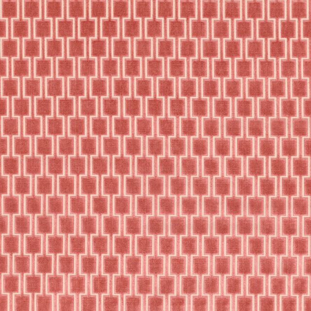 Warm coral woven fabric with repeating cream stepped geometric rectangles