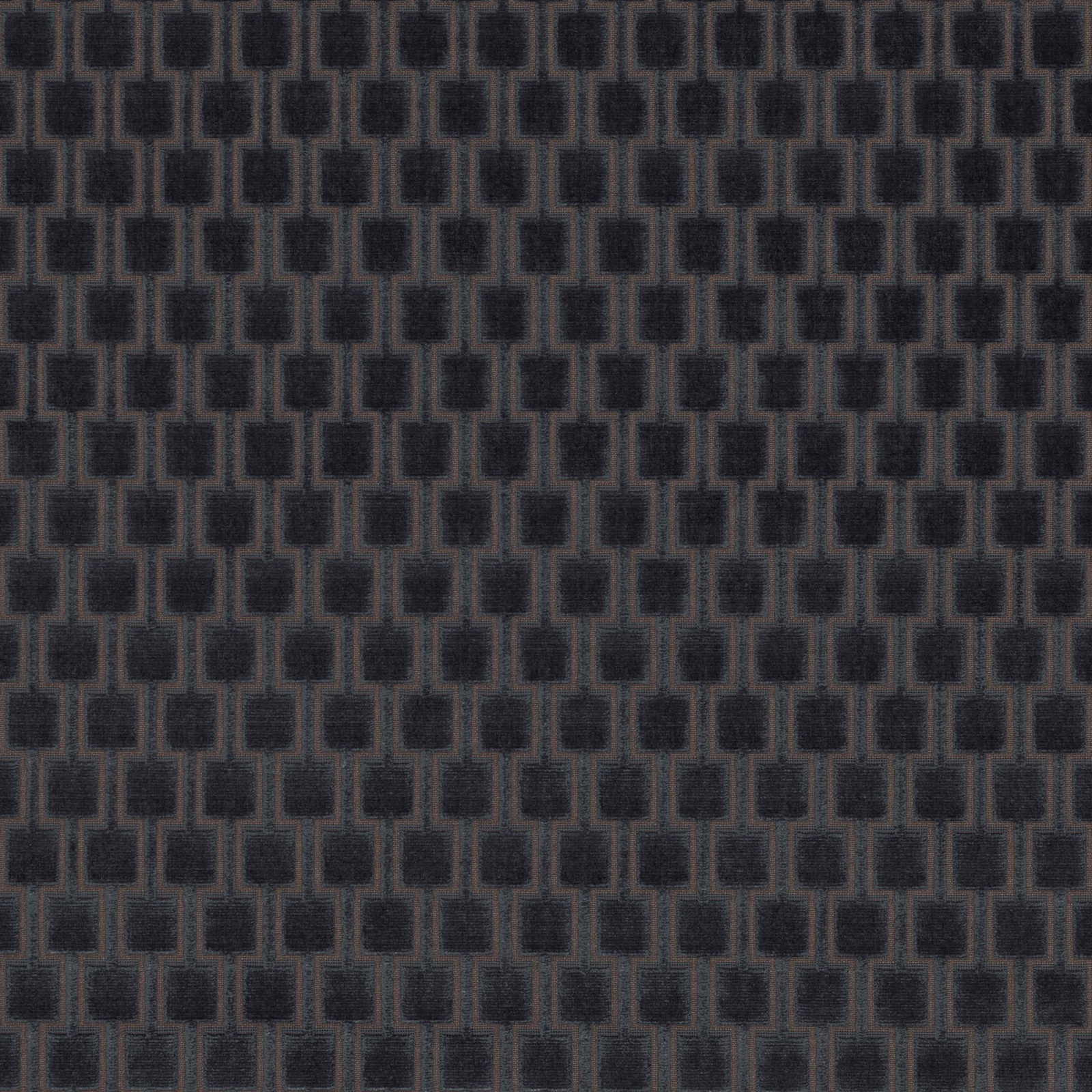 Dark marine-blue woven fabric with charcoal interlocking rectangular motifs and a tactile surface