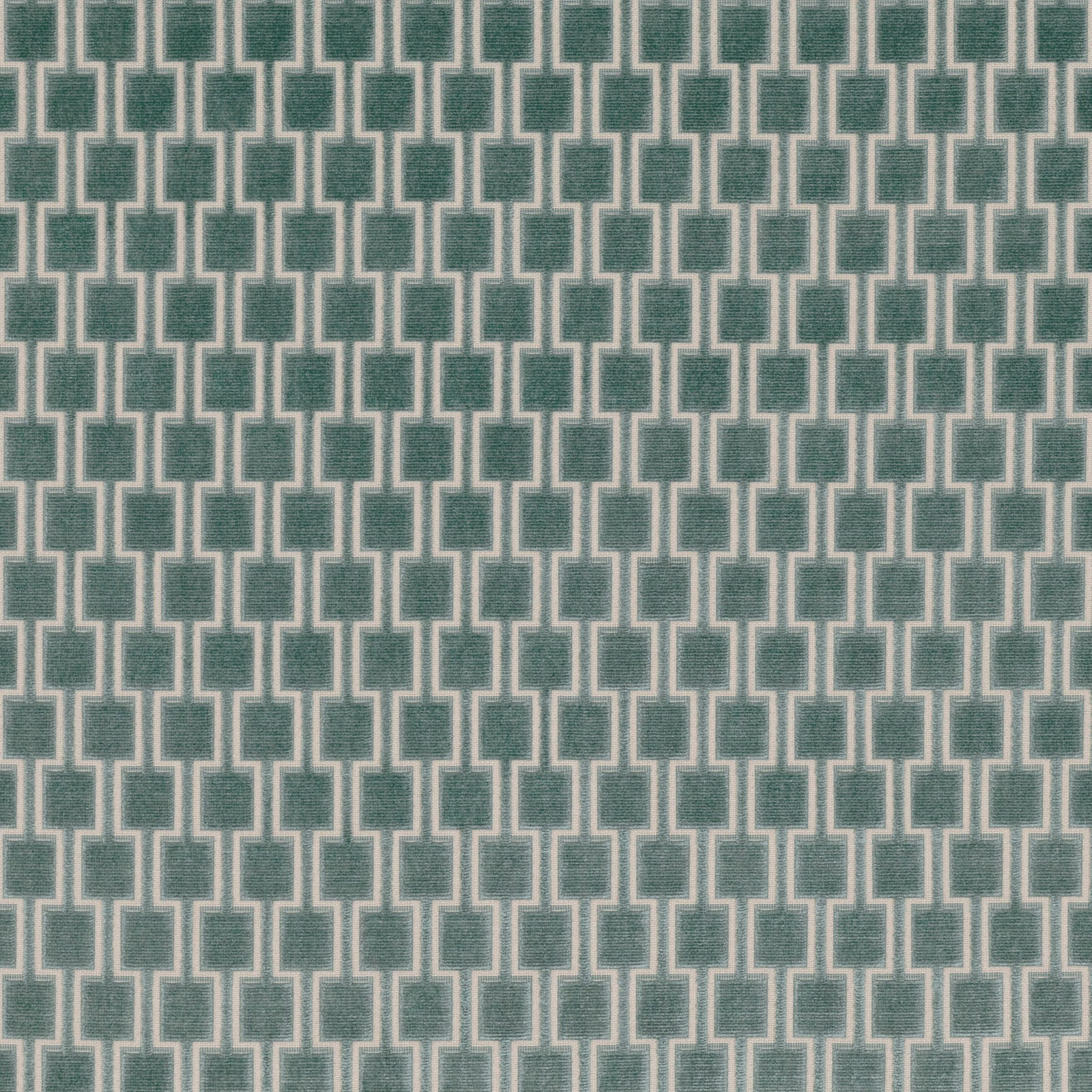 Muted teal-green woven fabric with pale interlocking stepped rectangles and subtle texture