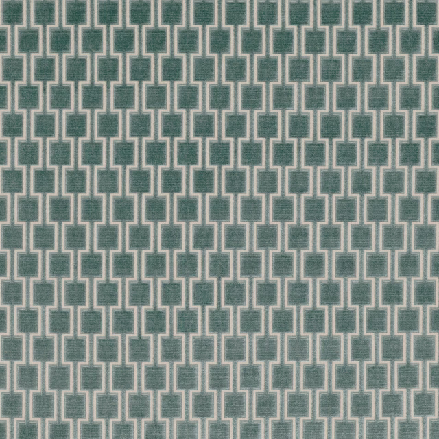 Muted teal-green woven fabric with pale interlocking stepped rectangles and subtle texture