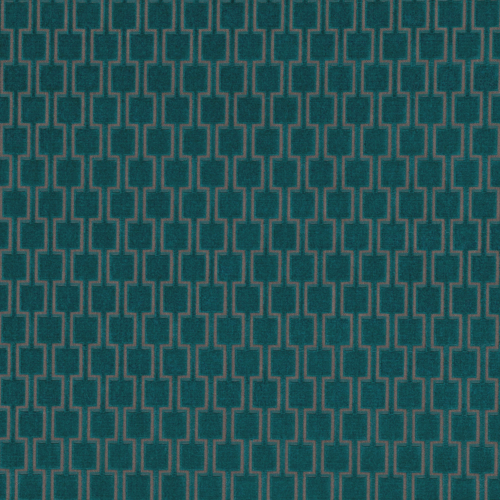 Deep teal woven fabric with a fine stepped geometric trellis in muted blue-green