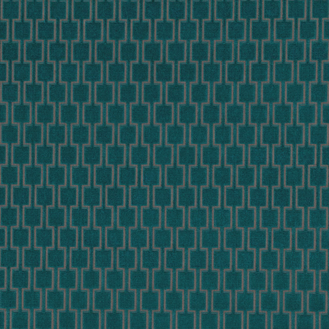 Deep teal woven fabric with a fine stepped geometric trellis in muted blue-green