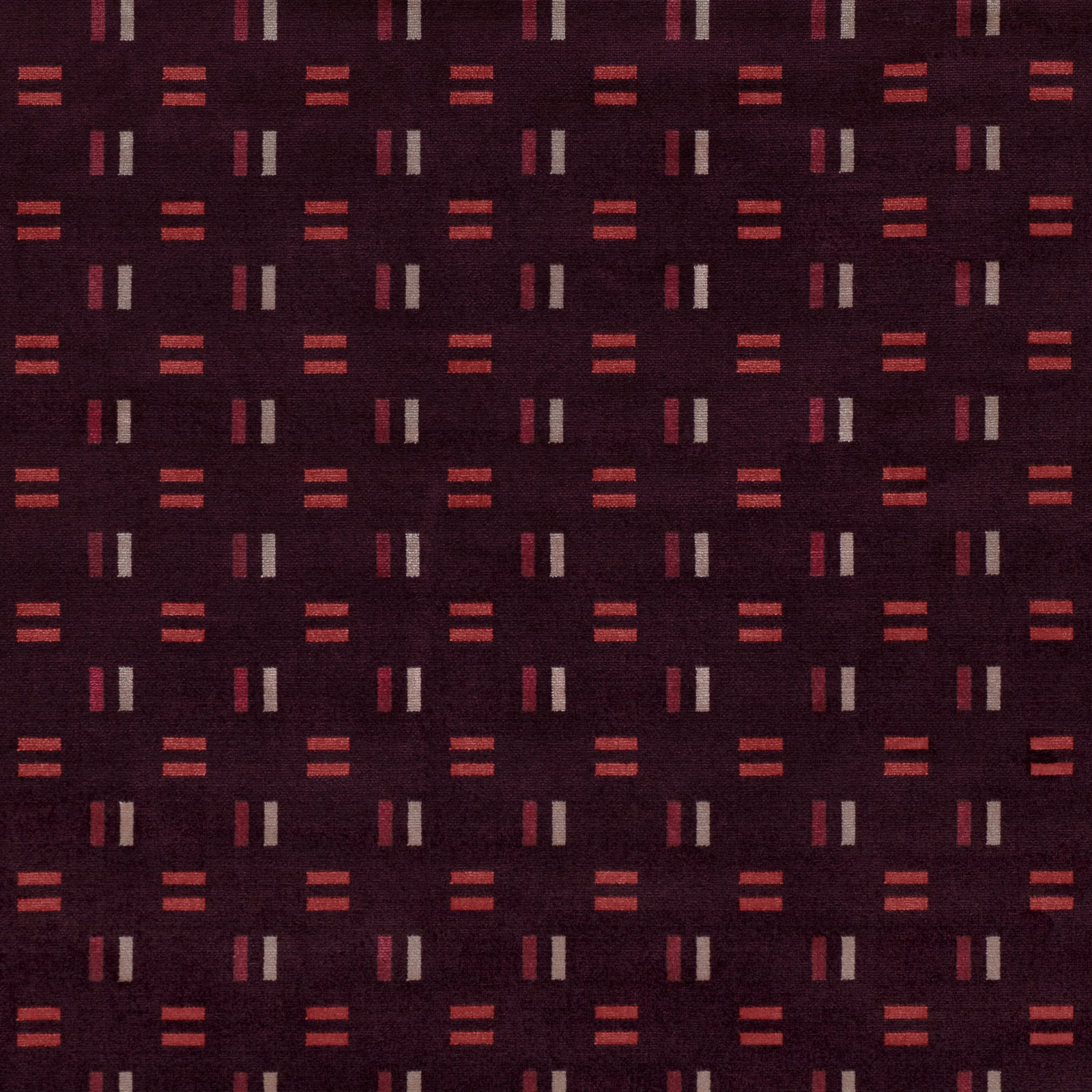 Dark blackcurrant woven ground with brick-red, blush and cream geometric bars