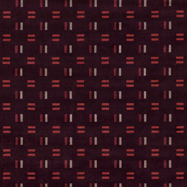 Dark blackcurrant woven ground with brick-red, blush and cream geometric bars