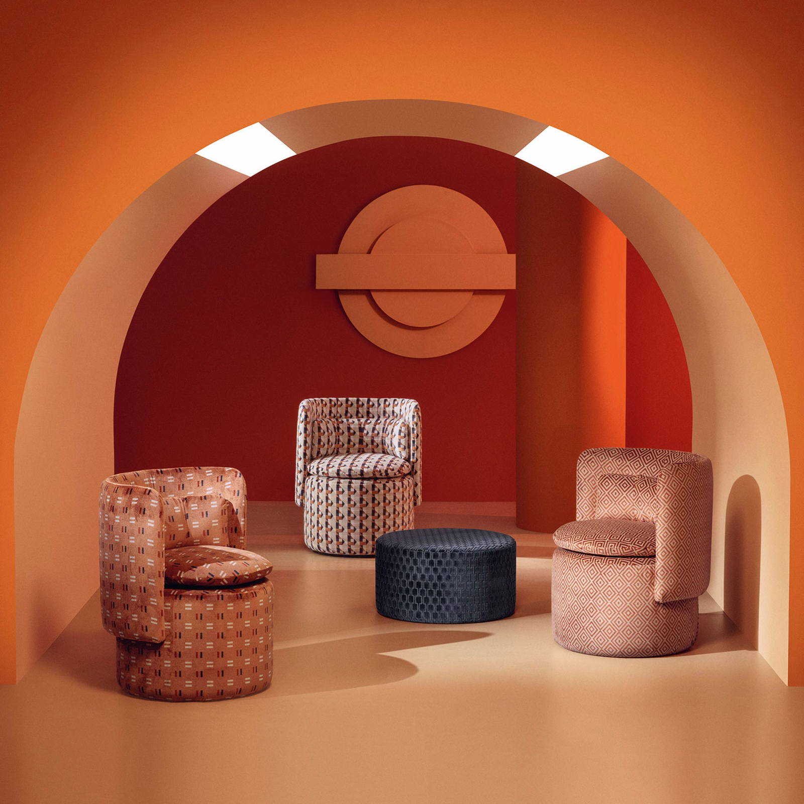 Warm burnt-orange upholstery with small pale geometric marks on rounded seating