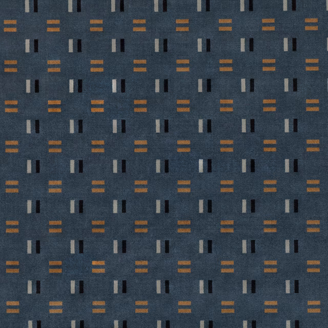 Deep petrol woven fabric with rust, grey and black geometric bars