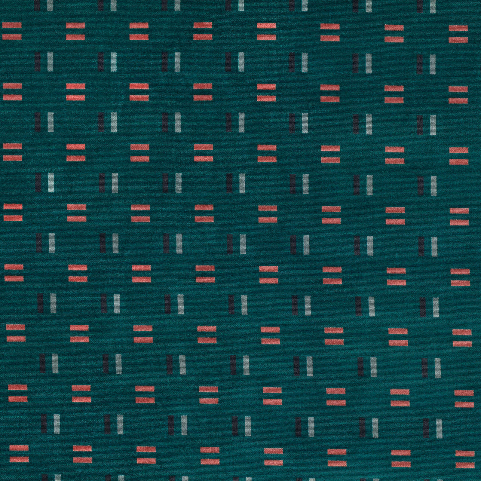 Deep teal woven ground with coral dashes and pale blue-grey vertical bars
