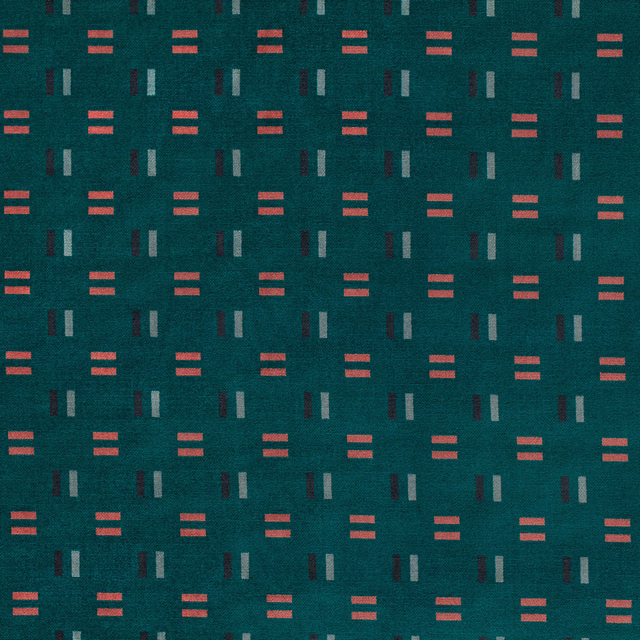 Deep teal woven ground with coral dashes and pale blue-grey vertical bars