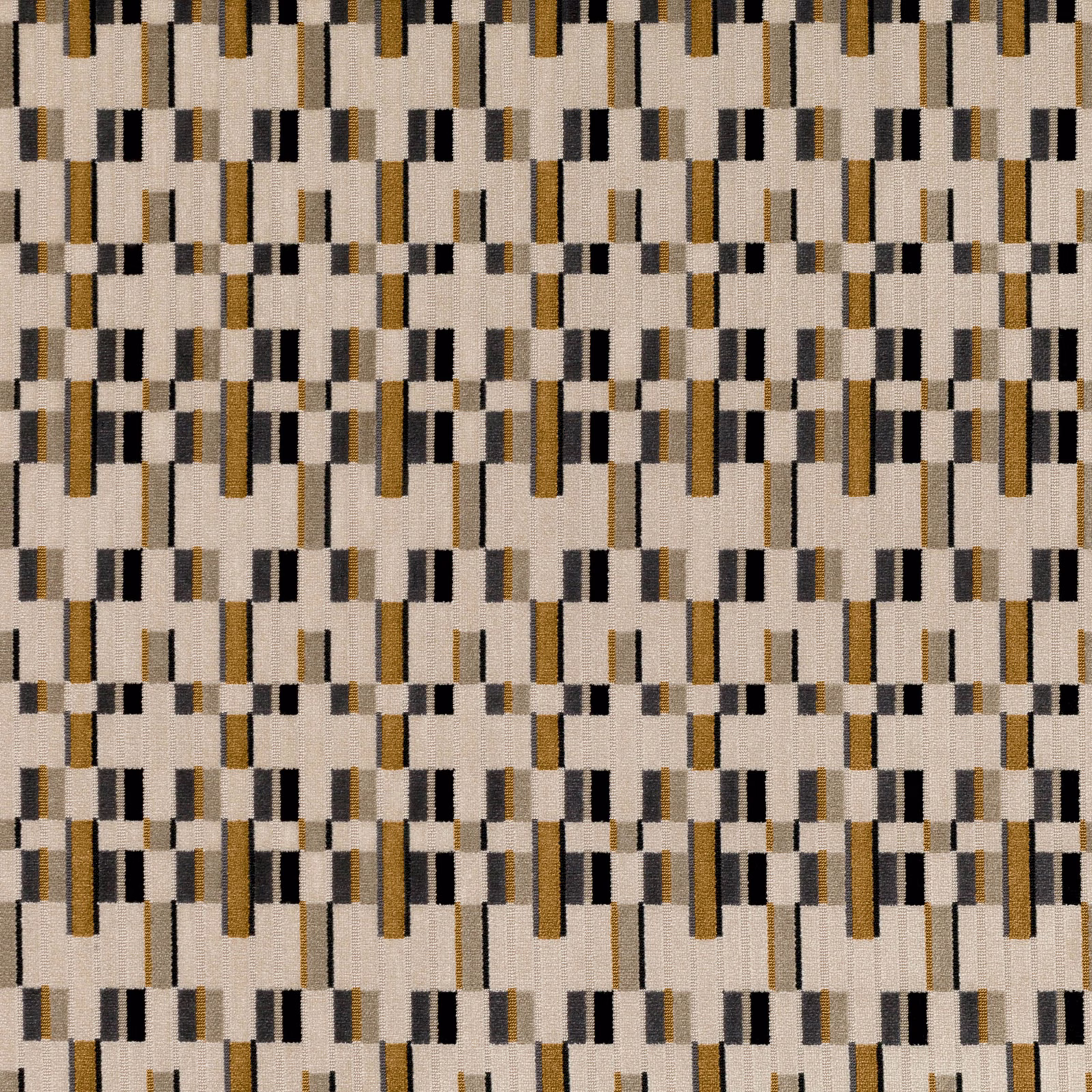 Warm biscuit woven ground with black, charcoal and ochre geometric bars